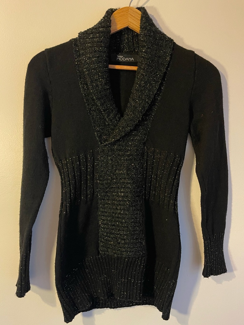 Tejidos Modana Shawl Collar Metallic Knit Tunic Sweater Black Silver Sz XS